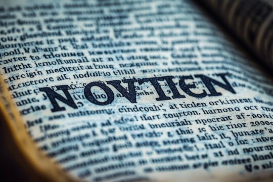 Close-up of an open vintage book page with a bold uppercase printed word, aged paper, visible binding edge, soft warm lighting, and a nostalgic contemplative mood