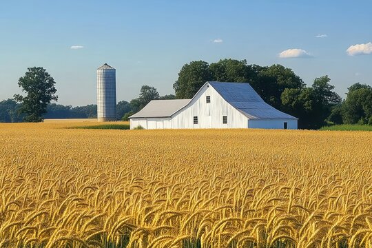Golden wheat field with white barn and tall silo under a clear blue sky, peaceful late afternoon farmland scene