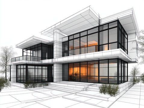 Contemporary two-story glass residence with cantilevered flat roofs, floor-to-ceiling black-framed windows, exterior steps and minimalist landscaping, warm inviting interior glow