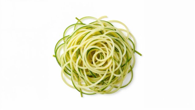 Spiralized zucchini pasta nest on white background, light and fresh raw vegetable noodles for healthy vegan meals