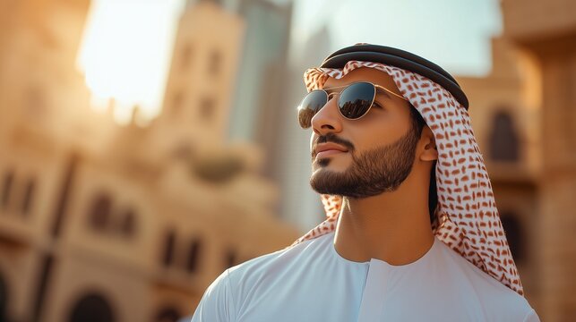 Arab Man in Traditional Attire and Sunglasses Stands Confidently in a Modern City at Sunset Embodying Success Leadership and Modern Arab Culture