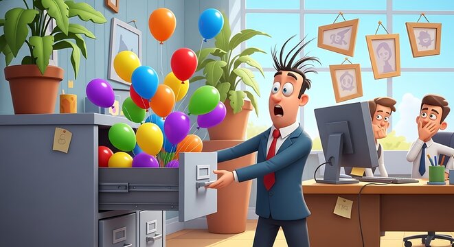 Humorous April Fools' Day office prank scene, cartoon coworker opening a laptop and colorful confetti suddenly exploding out of the screen, coworkers laughing in the background