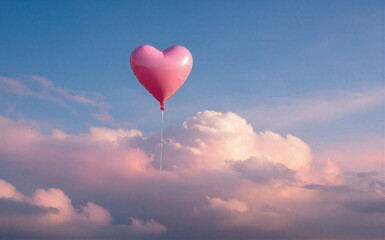 Fototapeta premium Pink heart balloon floats above fluffy clouds at sunset serene and