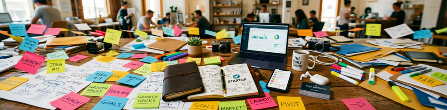 A dynamic, vibrant workspace table showcasing an entrepreneurial team's intense brainstorming process, featuring a laptop displaying charts, numerous colorful sticky notes, notebooks, and various
