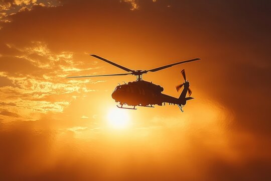 Silhouetted helicopter with spinning rotor and tail rotor hovering before a glowing sun in an intense orange sunset sky with textured clouds, evoking drama and awe