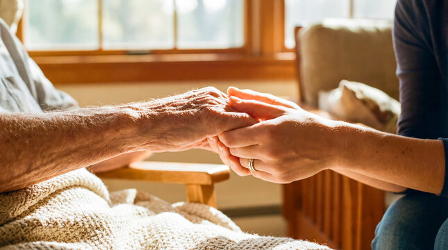 elderly care emotional support empathy comfort compassion trust connection reassurance healing younger hand holding senior hand beside bed expressing dignity patience loving presence and support