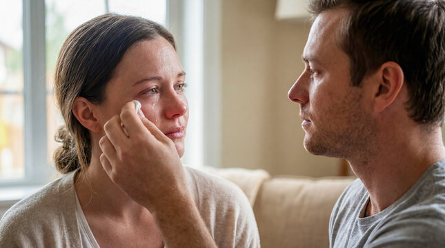 emotional support empathy comfort compassion mental health couple care trust reassurance partner wiping tears during sofa conversation creating safe space for vulnerability healing and connection