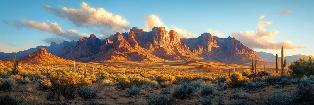 sunlit rugged desert mountains with saguaro cacti, scrubby bushes and dramatic clouds under a golden sky, evoking tranquil majestic calm