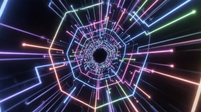 Abstract tunnel of colorful neon lines and geometric shapes on black background