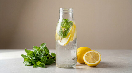 Fototapeta premium A refreshing glass bottle of water infused with lemon slices and mint leaves on a table with a bunch of fresh mint and two lemons