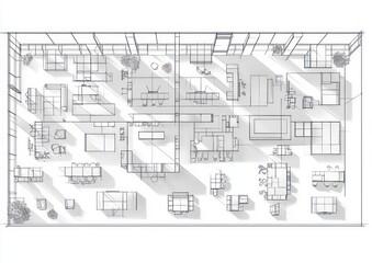 Naklejka premium overhead architectural sketch of a modern open-plan office floor showing desks, workstations, meeting rooms, lounge seating, partitions, plants and sunlit shadows conveying a calm organized atmosphere