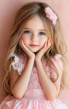shy young girl in pink lace dress covering her face with hands, long blonde hair with flower clip, soft pastel background conveying playful bashfulness
