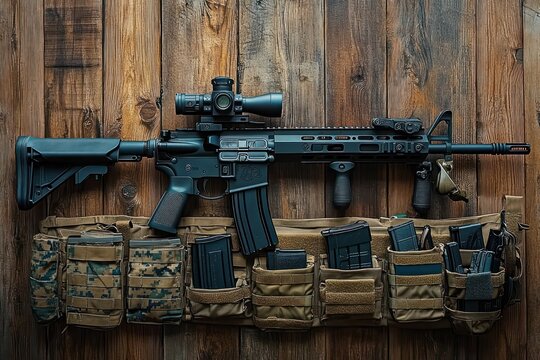 Tactical black rifle with scope and vertical foregrip resting above organized tan and camouflage magazine pouches on wooden surface, evoking preparedness and precision