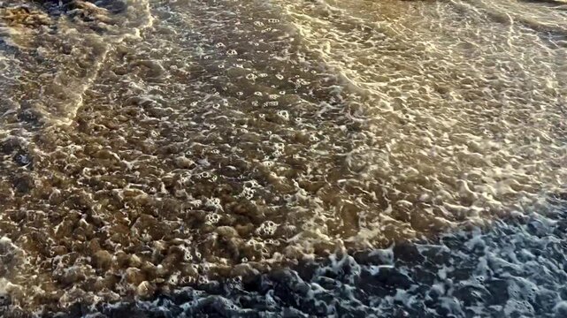 Ocean Waves Washing Away Footprints on Sandy Beach at Sunset
