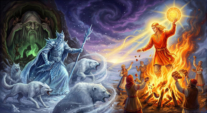 Slavic mythology battle depicts Kolyada bringing solar light against Karachun winter darkness. Viy watches from underworld cave. Pagan people celebrate sun rebirth. Good triumphs eternally