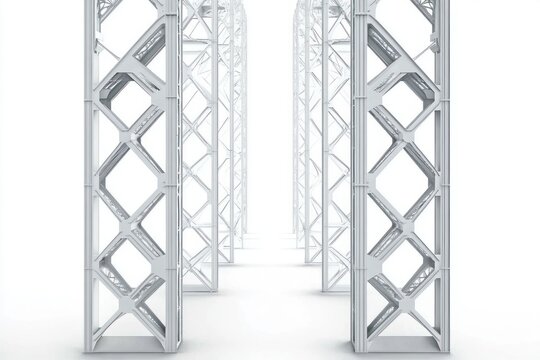 rows of white metal truss columns forming a bright minimalist corridor with repeating geometric lattice patterns, evoking a calm futuristic order