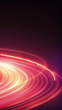 Neon light trails forming glowing rings on dark background