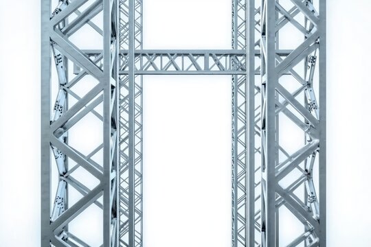symmetrical steel truss framework with vertical beams and cross-braced lattice against a bright white background, evoking cold industrial precision