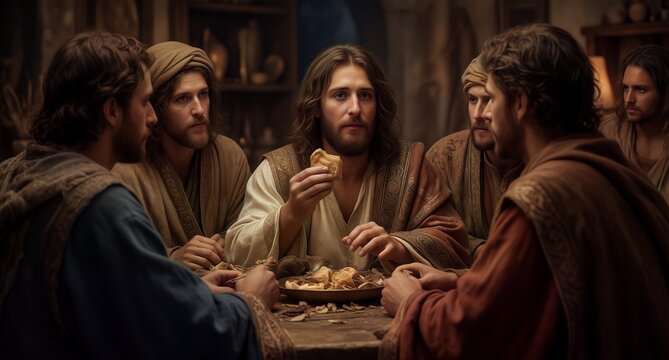 Jesus Christ sharing bread with his disciples at the Last Supper