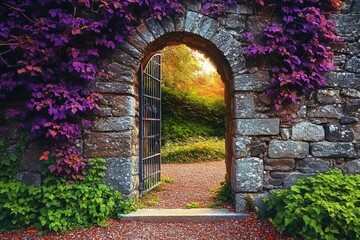 Obraz premium stone archway with open iron gate, purple ivy and green foliage framing a sunlit gravel garden path, serene and inviting autumnal scene