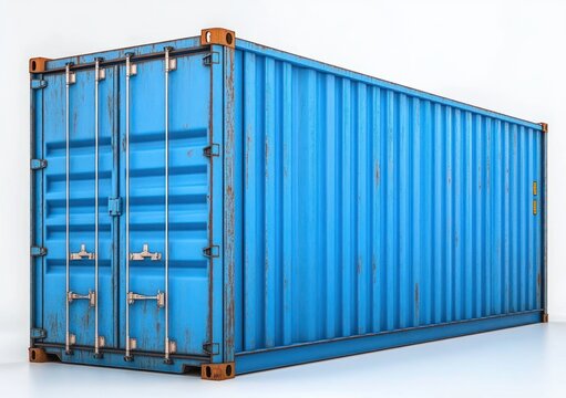 blue weathered shipping container with closed double doors and rusted corners isolated on white background conveying sturdy utilitarian industrial resilience