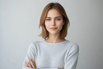Obraz premium young woman with blurred face in light gray sweater standing with arms crossed, short hair and calm confident posture against a neutral background