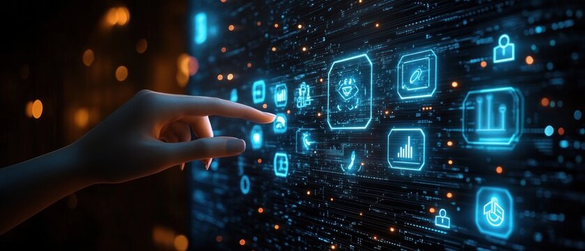 human hand reaching to touch glowing blue holographic digital interface with icons, data streams and bokeh lights conveying futuristic focused interaction and control