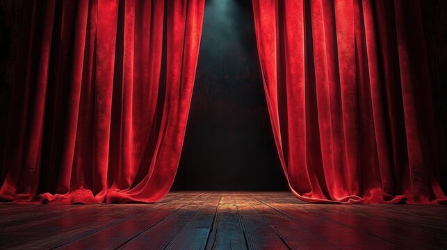 empty theater stage with rich red velvet curtains parted and a single spotlight creating anticipation and dramatic suspense