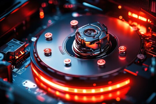 Close-up of a high-tech hard disk drive platter and spindle with glowing red LED ring, metallic actuator hub, circuit board details and dramatic futuristic lighting