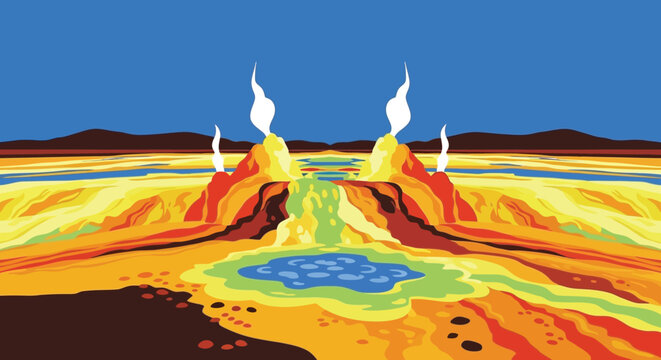 Stunning Illustration of a Hot Spring Landscape with Vibrant Geothermal Features