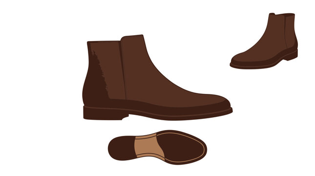 Illustration of a brown leather Chelsea boot shown from three different angles: side, top, and sole.