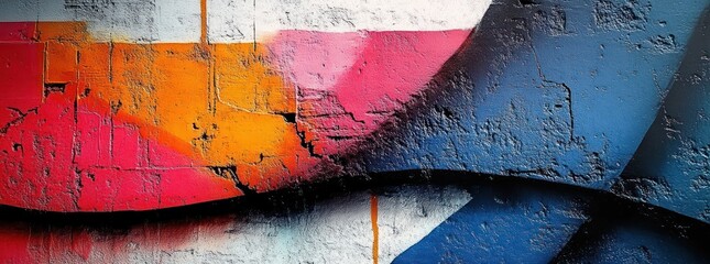Obraz premium Energetic abstract graffiti on cracked concrete wall with bold orange, pink and blue shapes, black shadowed curves, white accents, paint drips and rough textured surface
