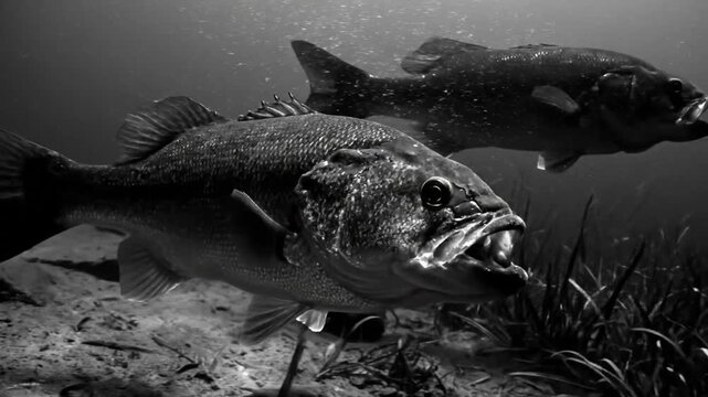 Black and white underwater view of two largemouth bass fish swimming towards the viewer.