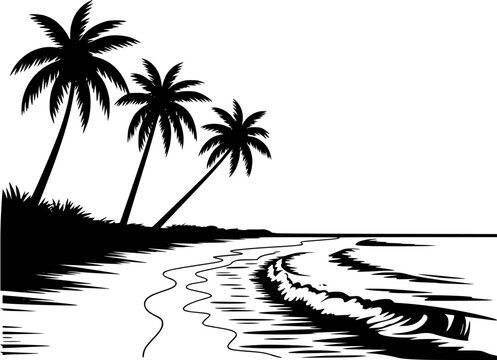 Black silhouette of palm trees a sandy beach with ocean waves and shoreline