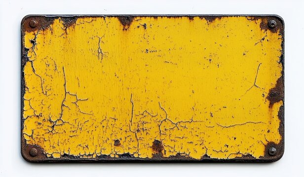 weathered yellow metal plate with peeling cracked paint, rusted corners, visible mounting screws and distressed vintage texture