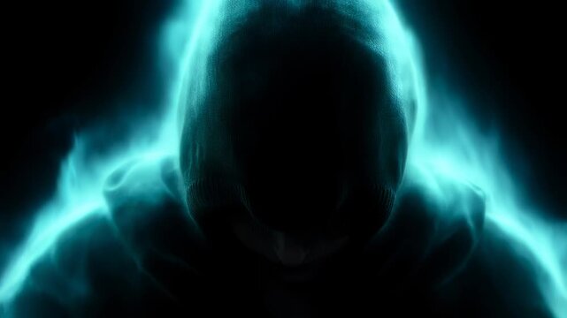 Mysterious silhouette of person in hood surrounded by mystical blue smoke or glowing steam in darkness.