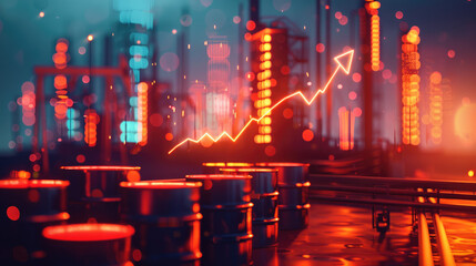 Fototapeta premium global energy shortage crisis concept picture of oil barrels and pumpjacks with financial chart at sunset over industrial refinery.