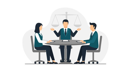 Fototapeta premium Lawyer mediating dispute between couple at round table with scales of justice
