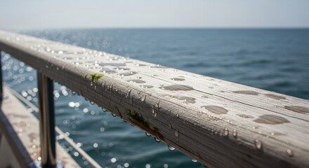 Fototapeta premium Weathered Teak Wood Railing on a Boat Deck with Water Droplets Reflecting the Ocean and Sunlight