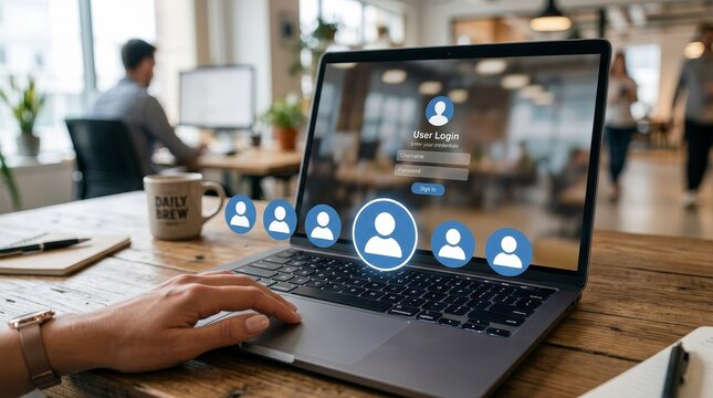 Multi user login interface on laptop screen in office setting