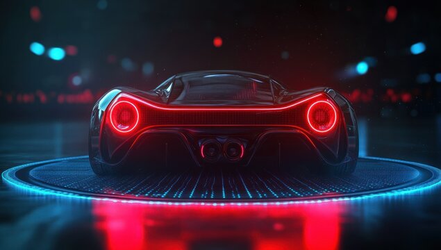 futuristic glossy black sports car rear with glowing circular red taillights on neon blue led platform, dramatic cinematic mood