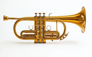 Naklejka premium elegant polished brass cornet with three valves, mouthpiece, and reflective bell on a clean white background, radiating pristine sophistication and calm