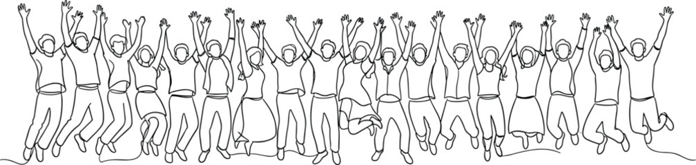 Fototapeta premium Group of Happy People Jumping with Raised Hands Continuous Line Drawing Representing Teamwork, Celebration, Success, Unity and Community Spirit Concept Illustration