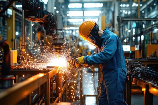 Factory welder in blue coveralls and yellow hard hat using welding torch beside robotic arm, sparks flying, focused intense worker on busy industrial assembly line