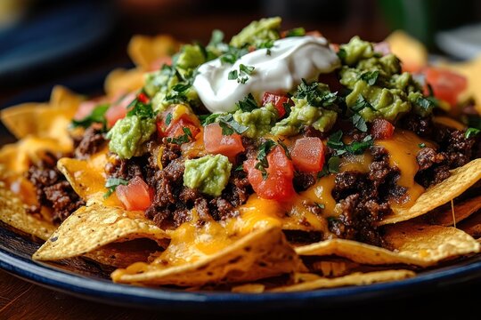 Loaded nachos with crispy tortilla chips, melted cheddar cheese, seasoned ground beef, diced tomatoes, guacamole, sour cream and cilantro, appetizing and indulgent close-up