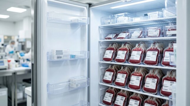 Blood bags stored in refrigerator inside medical laboratory  