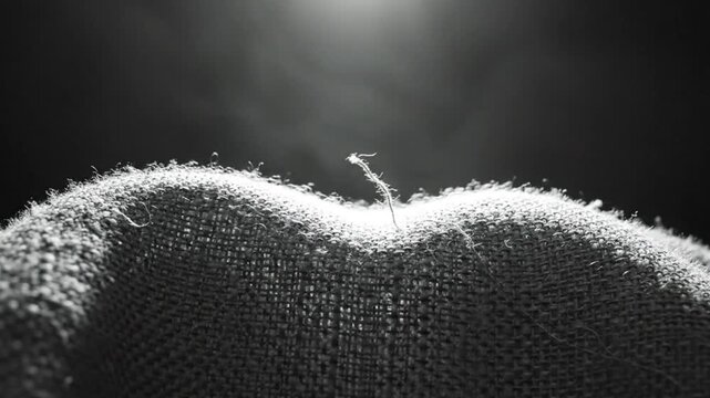 Black and white close up of textured fabric with a single strand lit by a bright spot