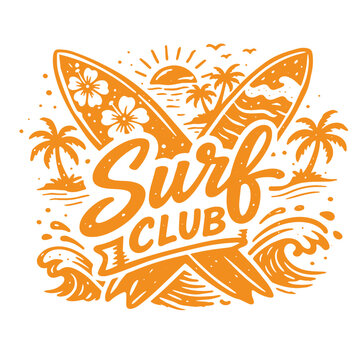Surf club logo with floral surfboard summer beach illustration
