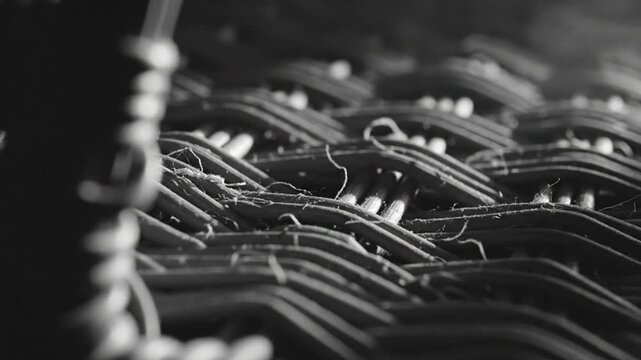 Extreme close-up view of woven wicker surface textures in monochrome revealing detailed material composition.