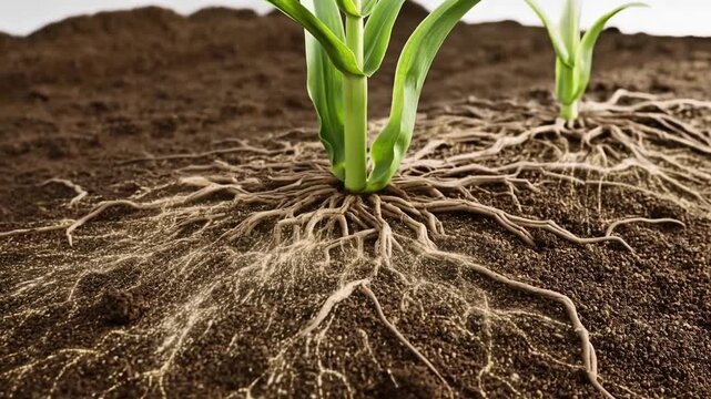 Corn Plant Roots Absorbing Nutrients from Soil Close View